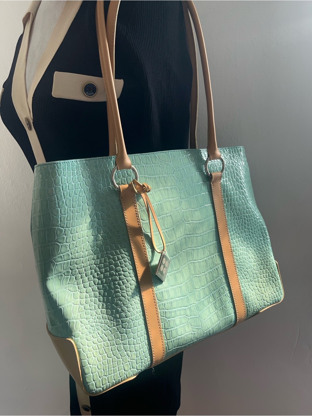 BCBG Mint Croc-Embossed Tote with Tan Trim and Handles